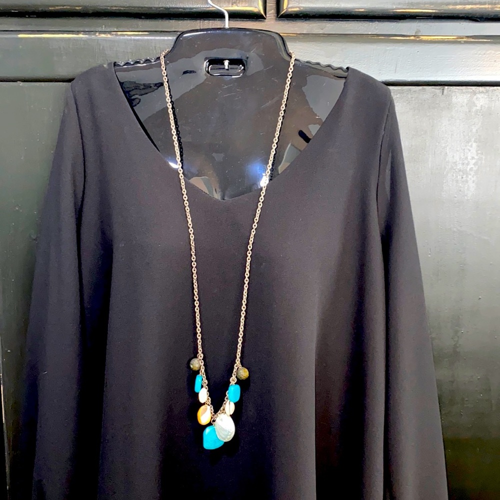 Turquoise and seashell silver long necklace